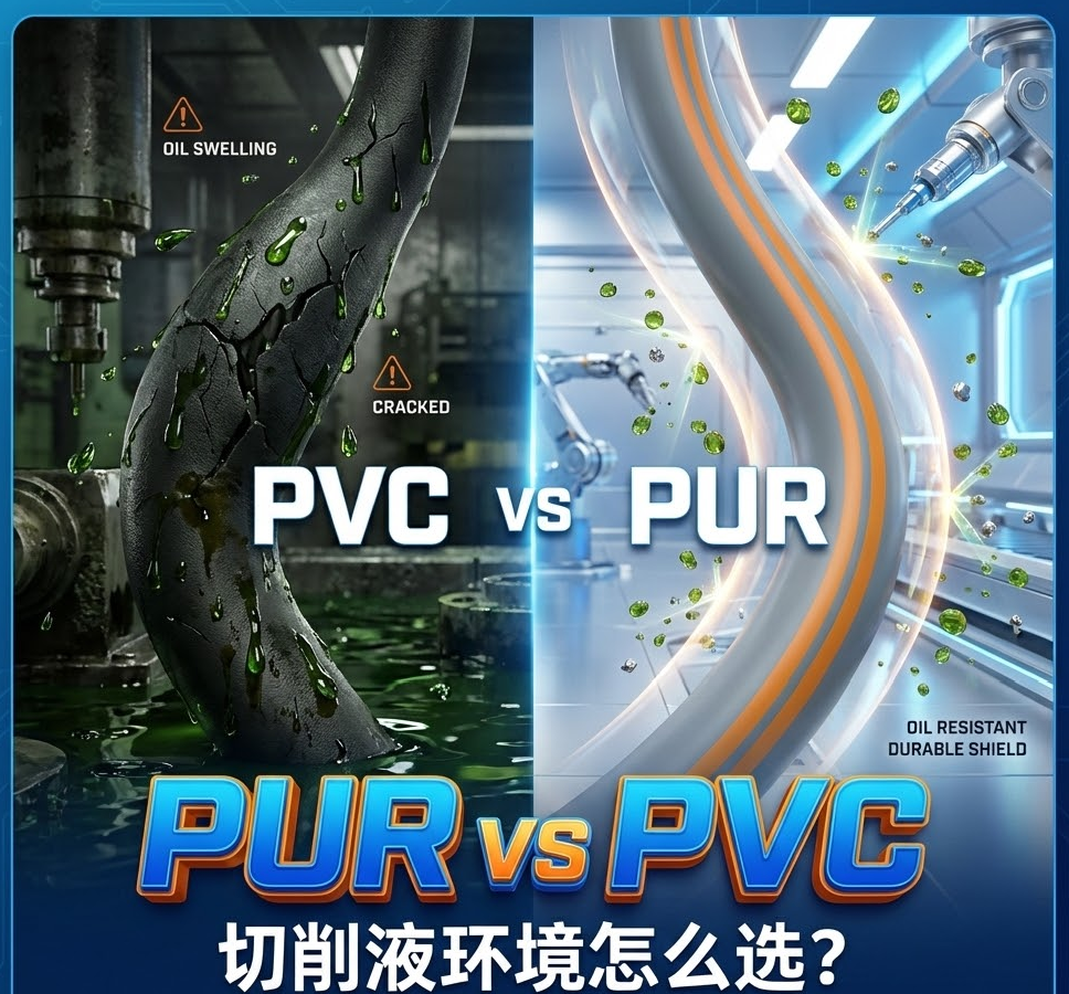 PUR vs PVC：机床切削液情形下，，，你的拖链电缆选对护套了吗？？？？？？